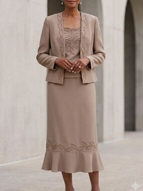 Vintage Style America Beaded Dress Jacket Set Taupe Formal Wedding S